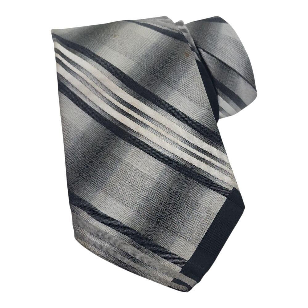 Vintage Mr. Blackwell Tie Mens Gray Black Striped Classic Woven Necktie Wide